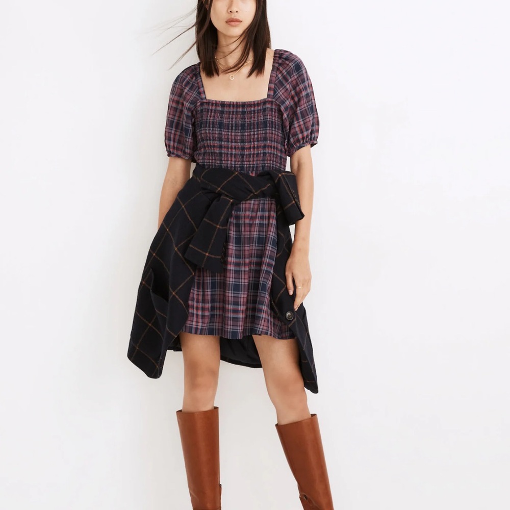 Madewell Lucie Smocked Puff Sleeve Mini Dress in Rockfern Plaid